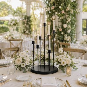 Black Metal 7-Arm Taper Candle Holder Centerpiece 15" Round Wedding Table Candelabra - Cluster Design